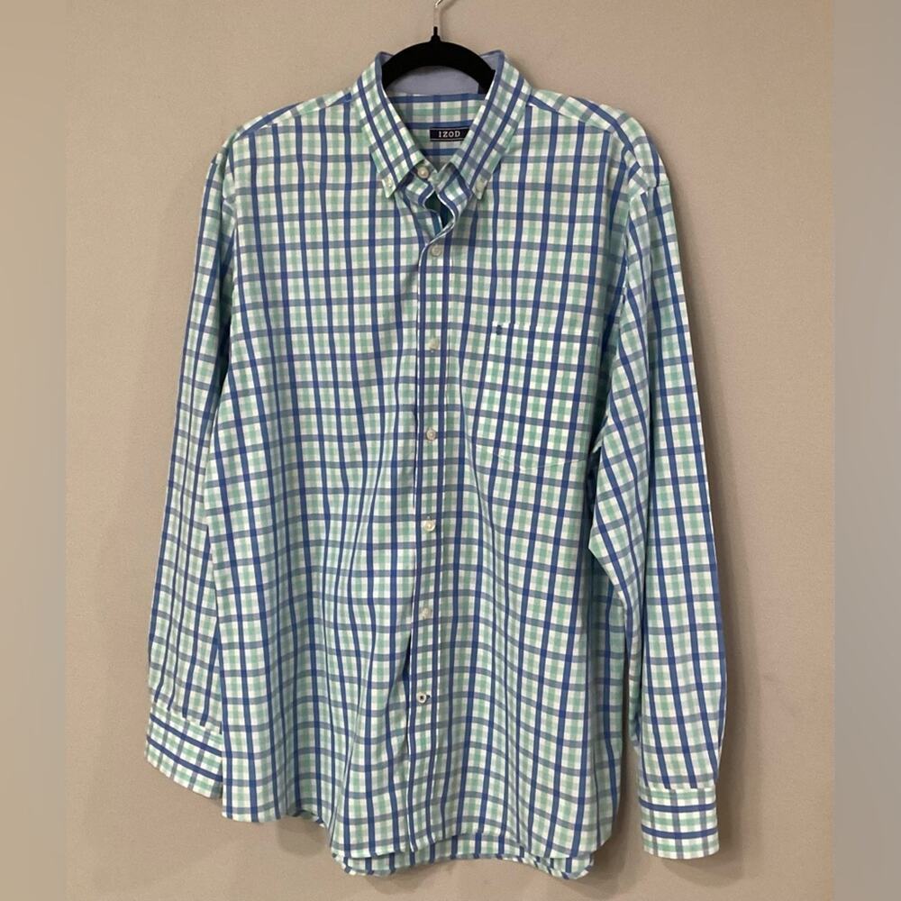 Izod Royal Blue, White & Mint Plaid Button Down in Size Large. Preloved.